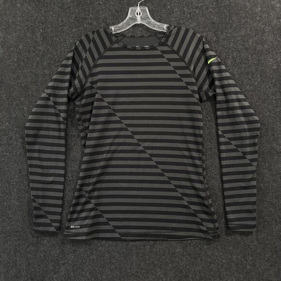 Nike Pro Hyperwarm Shirt Women's Large Black Gray Striped Dri-Fit Fitted Thumbs - Picture 1 of 10